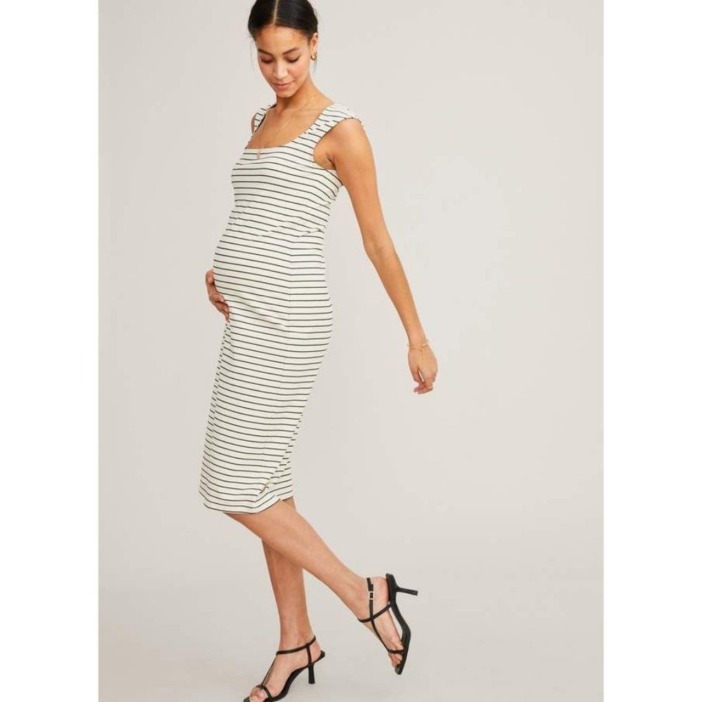 Hatch Janelle ivory black striped maternity midi dress